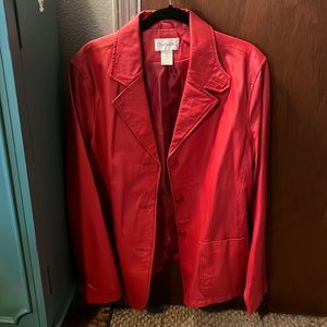 Red leather blazer, size 18W, from Chadwick’s of Boston. Condition excellent.